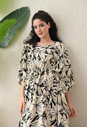 Image of Ichaa Women's Pink Rayon Printed Round-Neck Kaftan-Style Free Size Nighty with Drawstring