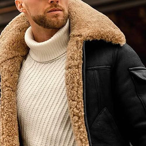 Vintage Fur Collar Sherpa Leather Coat for Men Winter Warm Thicken Leather Jacket Classic Motorcycle Bomber Overcoat2
