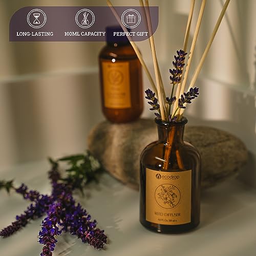 Ecodrop-Lavender-Reed-Diffuser-Set-100ml-Relaxing-Calm-Scented-Aromatherapy-Fragrance-Oil-a-Glass-Bottle-6-Wooden-Reed-Sticks-Set-Home-Spa-Gift-for-Living-Room-Bathroom-Bedroom-Aroma