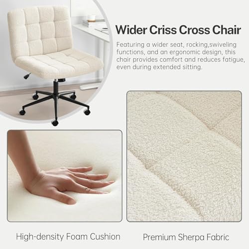 Image of Nutech Decor Armless Office Desk Chair - Linen Fabric Padded Swivel Adjustable Home Office Chair with 360 Wheels, Wide Criss Cross for Desk, Living Room (ND-Sherpa-ivorywhite-Wheel)
