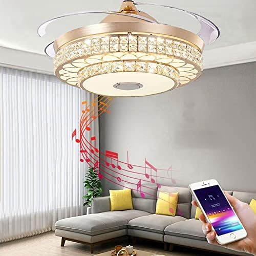 Shmeng 42'' Modern Ceiling Fan with Light and Remote Control, Crystal Chandelier Retractable Blades Bluetooth Music Speaker, LED Fandelier 3 Lighting Colors for Living Room Dining Bedroom, Gold