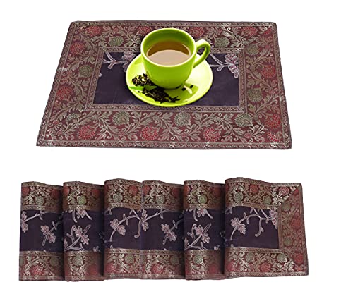 Image of E-EZRA Embroidery Home Decor Decorative Silk Dining Table Mats 6 Pieces Placemats 45x30 Cm (Brown)