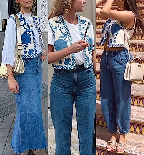 Meihuida Women Embroidered Vest Top Y2k Vintage Open Front Floral Boho Cropped Waistcoat2
