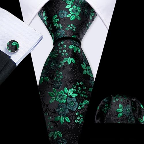 Image of Barry.Wang Flower Ties for Men Handkerchief Cufflinks Set Wedding Necktie Set Party
