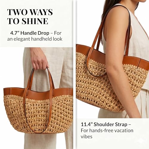 Bolso de playa de paja para mujer, bolso tote bohemio de verano con correa de PU miniatura 4