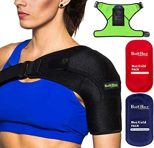Body Help Shoulder Brace Support for Women&Men with 2 Hot Cold Reusable Packs for Pain Relief - Left/Right Shoulder - Fits Most People - Please Check Sizes