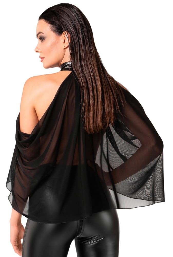 Noir Bolero Luftiges Transparent-Top im Cape-Style: Asymmetrisch, Schulterfrei mit Neckholder, Feiner Stretchtüll 4XL