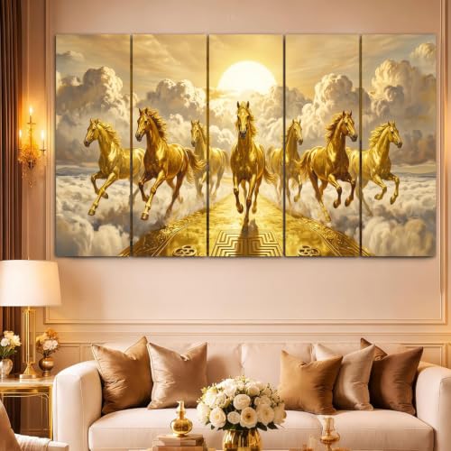 Image of Spacter Goldan 7 Horses Wall Painting for Living Room Big Size - 7 Running Horses Painting Vastu for Bedroom, Office, Hotel - Wall Decor Digital Painting Wooden Framed for Gifting (30x60inch)