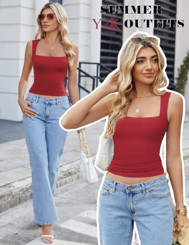 Image of Avidlove Women's Square Neck Tank Top Double Lined Basic Crop Tops Going Out Shirt Slim Fit Summer