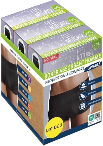 3 Pack Anti-Leak Boxer for Men, Protection and Comfort, Washable, Size XXL - Mens Pee Protection - Comfortable and Discreet Absorbent Boxer Designed for Adult Urinary Leaks - Feel, Black/White, XXL