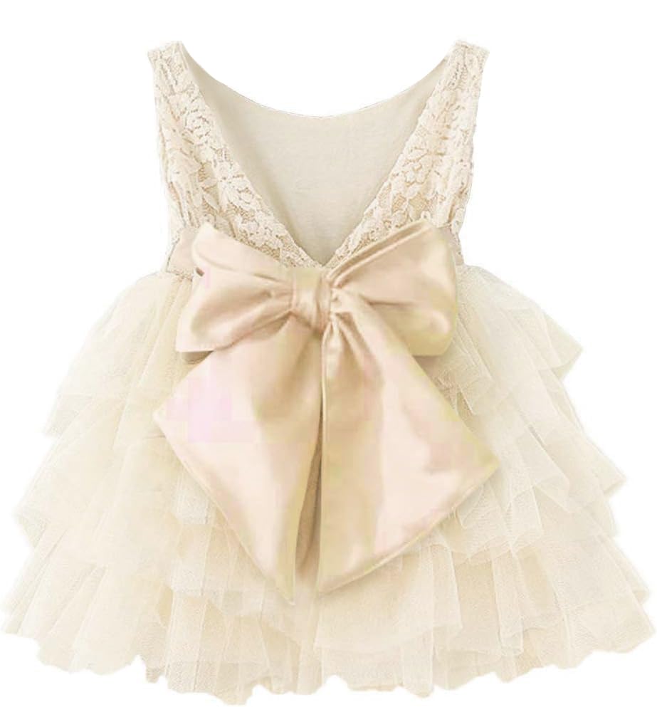 APRIL GIRL Flower Girl Dress, Lace Dress 3/4 Sleeve Dress (Ivory Tutu, 12-18 Months)