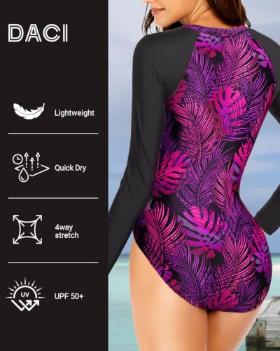 Image of Daci Women One Piece Long Sleeve Swimsuits Rash Guard Built in Bra UPF 50+