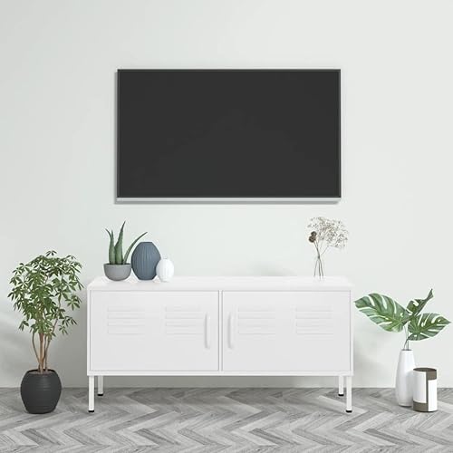 GOLINPEILO Armario de almacenamiento de TV de acero con 2 puertas y un estante en el interior, consola multimedia de metal centro de entretenimiento