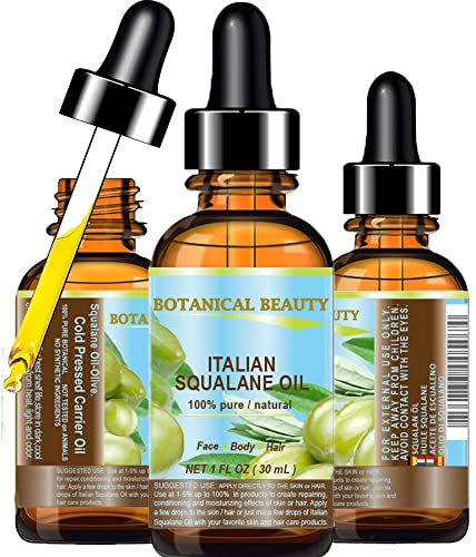 Botanical Beauty SQUALANE Italian Olive. 100% Pure/Natural/Undiluted Oil. 1 fl.oz- 30ml. 100% Ultra-Pure Moisturizer for Face, Body & Hair. Reliable 24/7 skincare protection