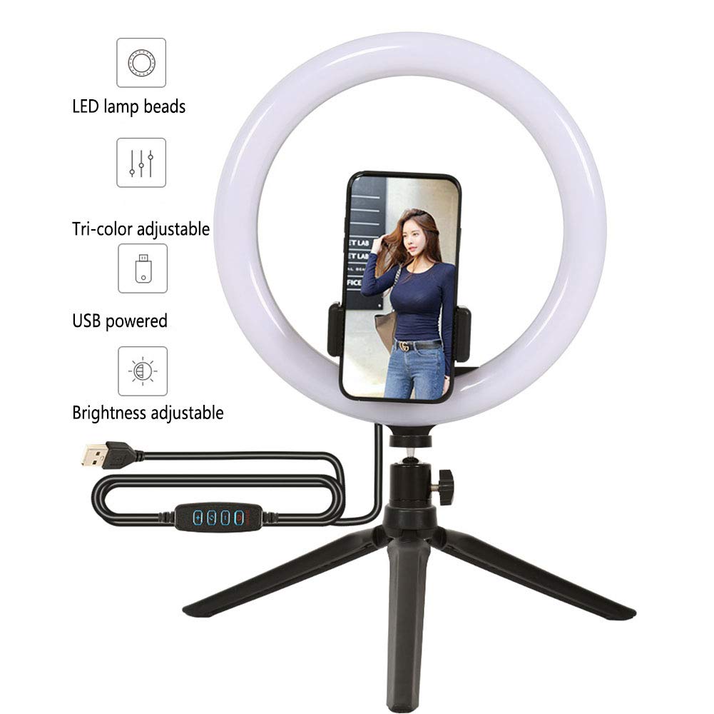 Anello Luminoso A LED da 10 "con Supporto per Treppiede E Supporto per Telefono, Kit Luce Anulare Dimmerabile da Tavolo con 3 Colori E 10 Luminosità per Trucco, Selfie, Fotografia