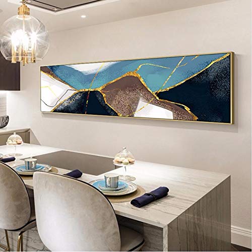 Chaoaihekele Abstraite Moderne Bannière Chevet Bleu Doré Affiches De Toile Et Imprimer Moderne Photo D'Art De Mur Pour Salon Chambre Décor À La Maison (Aucun Cadre) 30X120Cm B Cover
