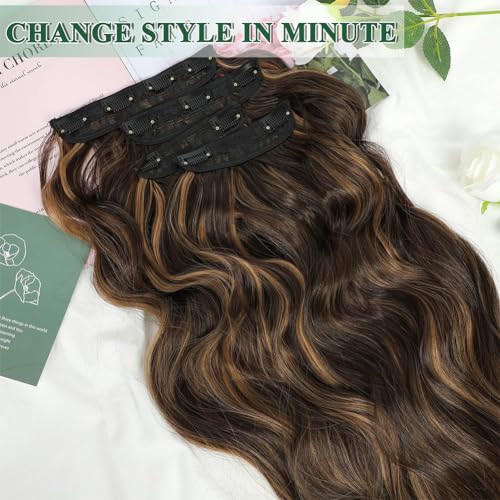 Hair Extensions Clip In 20Inch Long Wavy Hair Extensions 4Pcs Synthetic Full Head Hairpieces Seamless Weft for Natural Volume for Daily Use & Any Occasions Weft for Natural Volume Honey Brown Balayge - Image 4