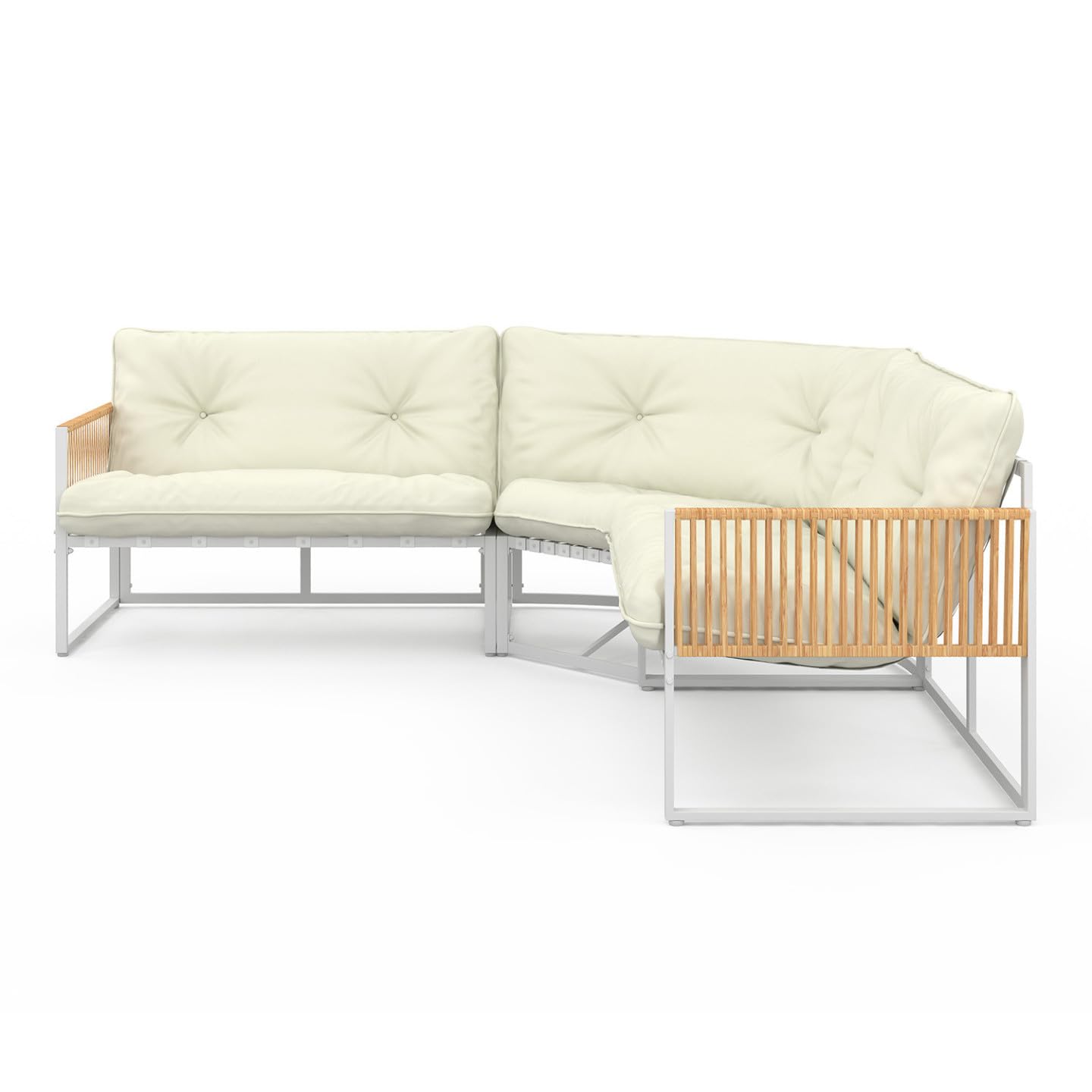IDMarket - Juego de muebles de jardín bajo Rio de 8 plazas, estructura de metal blanco y cuerda efecto ratán con cojines beige