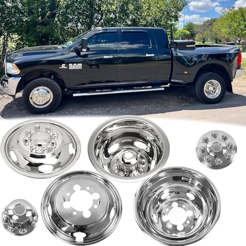 Puermto 4pcs 17inch Protective Polished Stainless Steel Dually Wheel Simulators Fit for 2003-2018 Dodge Ram 3500, 8 Lug Bolt On Wheel Cover with Removable Centre Cap Hubcaps