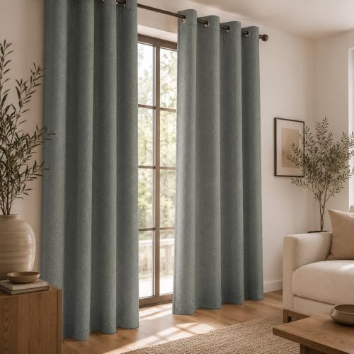Image of LINENWALAS 100% Blackout Curtains for Long Door (9 Feet) - Set of 2 Panels, Herringbone Linen Texture Complete Light Block, Thermal Insulated & Noise Reducing Room Darkening Drapes (Light Grey)