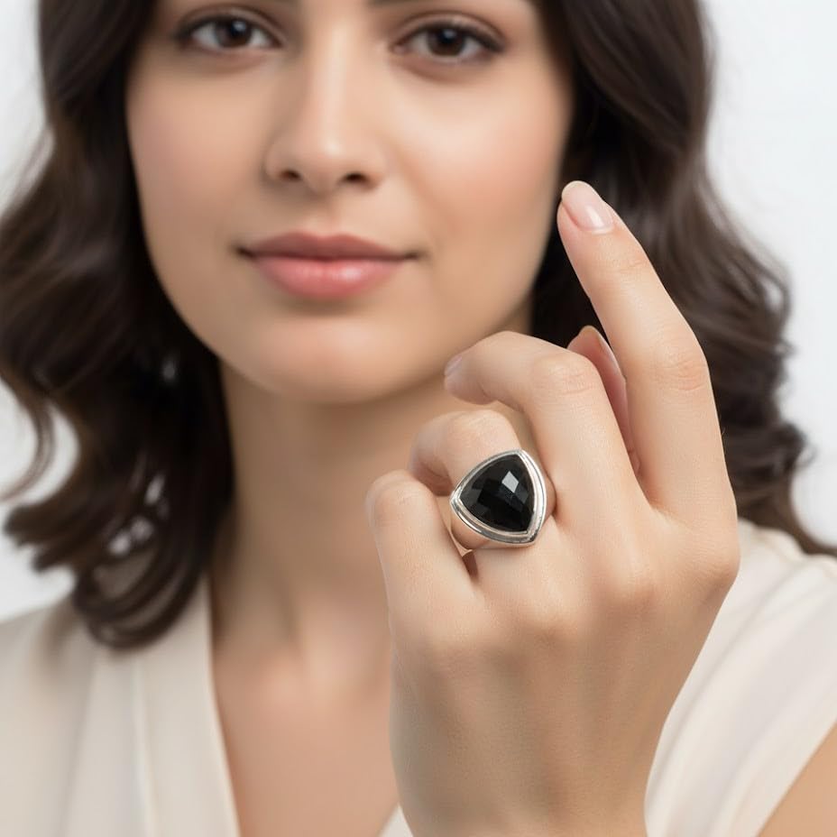 Image of 55Carat Natural Black Onyx Ring Sterling Silver Trillion Shape Chakra Healing US 4,5,6,7,8,9,10,11,12