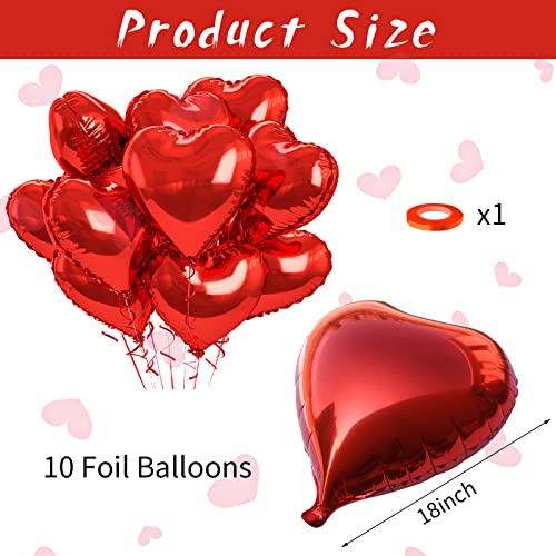 Image of Biapian Foil Heart Balloons Red, 10PCS Red Heart Shape Balloons, Valentines Balloons 18inch Red Foil Balloons for Helium Valentine Decorations for Valentines Day, Wedding, Anniversary Decoration