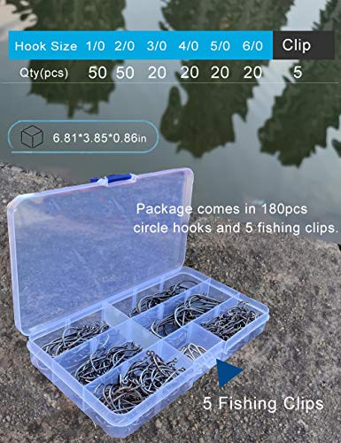 Facikono Circle Hooks Saltwater Catfish Bass Fishing Hooks, 180pcs Octopus Offset Fishing Hooks with 5pcs Power Clips - Image 3