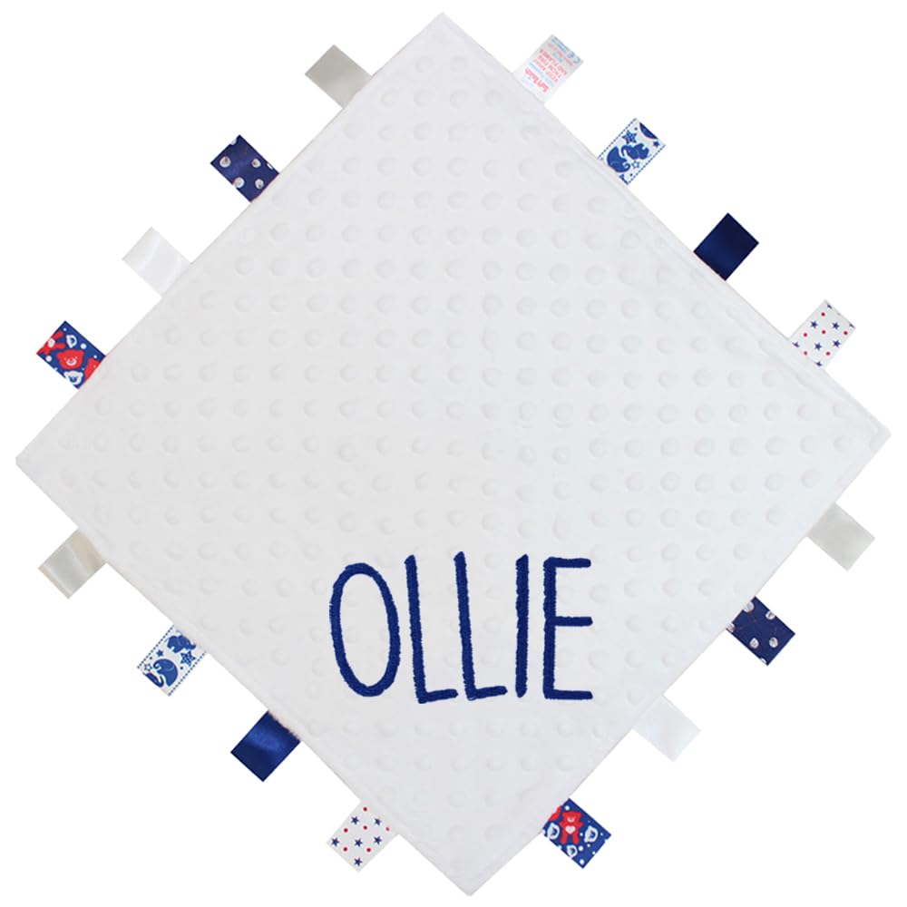 Teddyt's White Personalised Baby Name Embroidered Ribbon Taggy Blanket Comforter In Blue, Pink, Grey Or With Satin Lining (White)