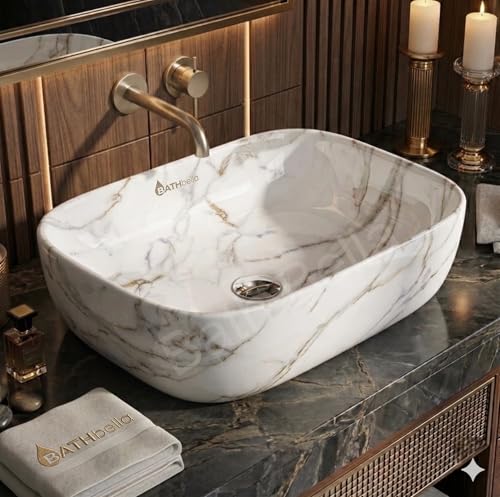 Image of Designer Ceramic Wash Basin For Bathroom | Over Counter Bathroom Basin | Counter Top Bathroom Sink | Wash Basin For Restaurant, Hotel (18 x13 x 5 Inch) (Designer White)