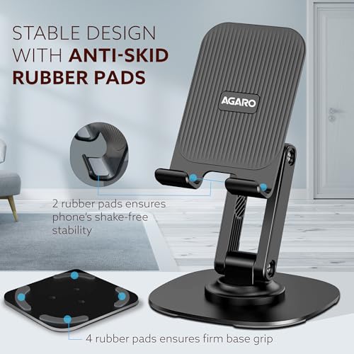 Image of AGARO 360 Revolving Mobile Stand, Foldable & Sturdy Metal Stand with 360 Rotation, Multiple Height & Angle Adjustments & Anti-Slip pads for Desk, Compatible with Smartphones, Tablets, Kindles & iPad