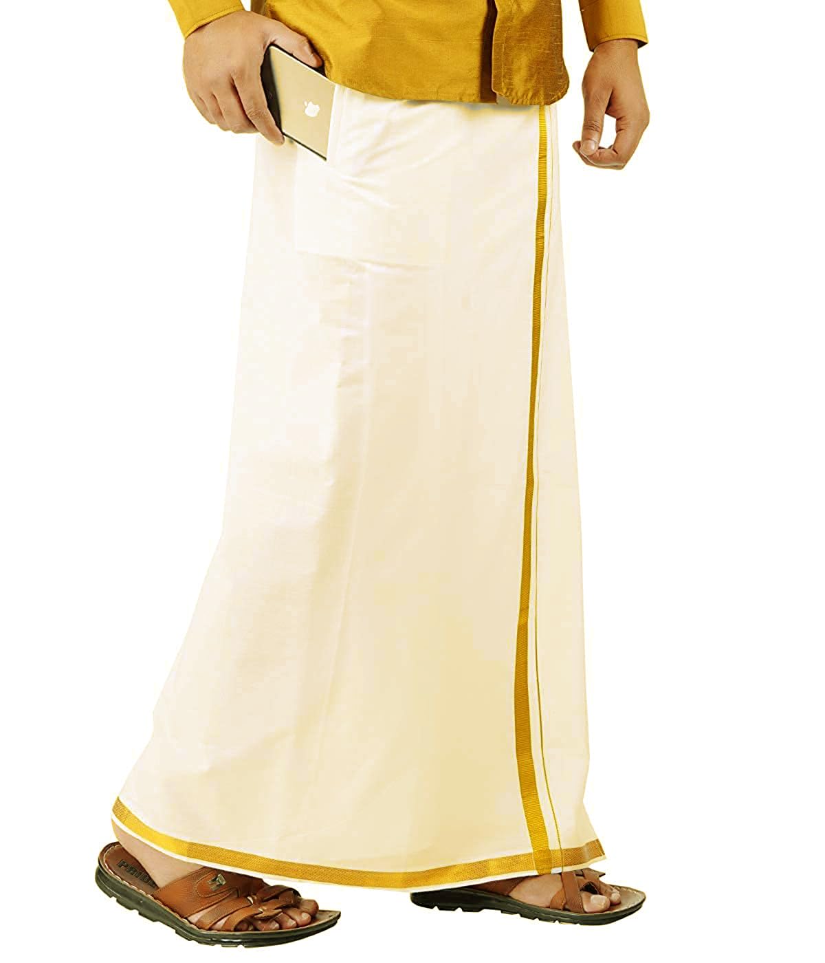 Mens Welcro Zip Pocket 100% Pure Cotton Dhoti Cream Color Mundu/Vesti (Double Layer)-image-17