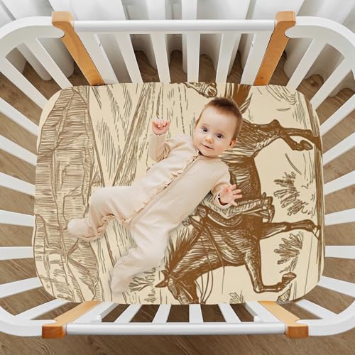 Image of Western Desert Cowboy Crib Sheets, Crib Sheets for Boys Girls, Breathable Soft Standard Toddler Crib Sheet 52 X 28 Inches