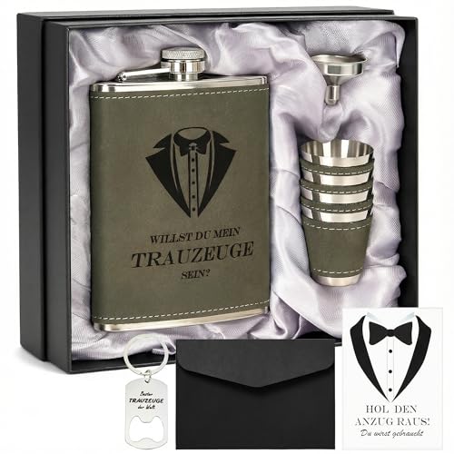 Personalisiertes Flachmann Geschenkset 8oz mit Gravur – Edelstahl Flachmann, 4 Becher, Trichter & Geschenkbox für Trauzeugen, Hochzeitsgeschenk für Männer & Frauen