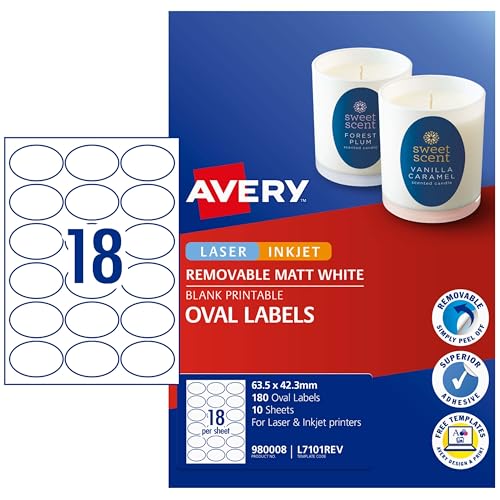 Avery Australia Matt White Removable Oval Labels - Printable Product Stickers - Self Adhesive Sheets for Laser & Inkjet Printers - 63.5 x 42.3 mm 10 x A4 Sheets - 980008/ L7101REV