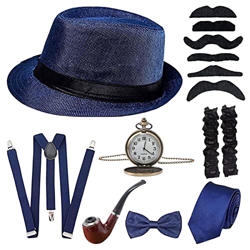 Cyhamse Ensemble d'accessoires de costume pour hommes des années 1920, Déguisement de gangster pour homme 7 pièces, Chapeau, nœud papillon, montre de poche, porte-jarretelles, ensemble de lunettes