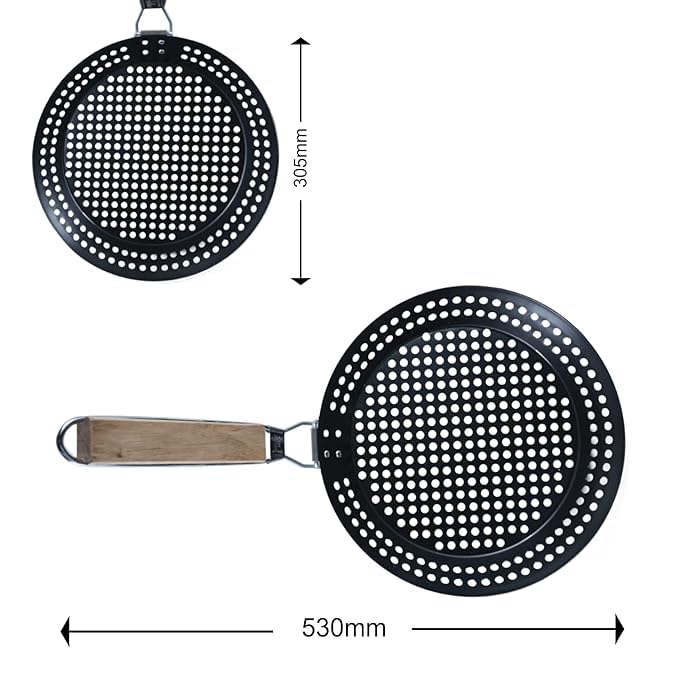 Kruvad Folding Round Frying Pan Grill Basket - Large BBQ Nonstick Grill Wok with Wood Handle, Small, Steel Commercial Outdoor Grilling Stainless Steel Barbeque Woks Accessories [ 53x30x8 CM ] - Image 2 thumbnail