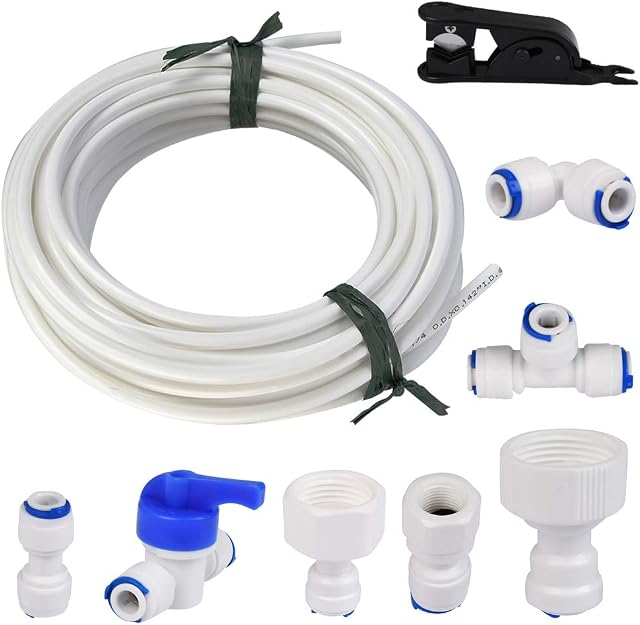 TIMESETL 15M Water Supply Pipe Tube and Fridge Connectors Kit for European Style Double Fridge Refrigerator (1/4" Pipe)
