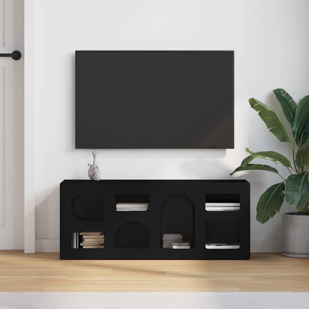 Mobile TV nero in legno con 7 ripiani, 100 x 35 x 40 cm, moderna credenza per soggiorno, con porta e cassetti