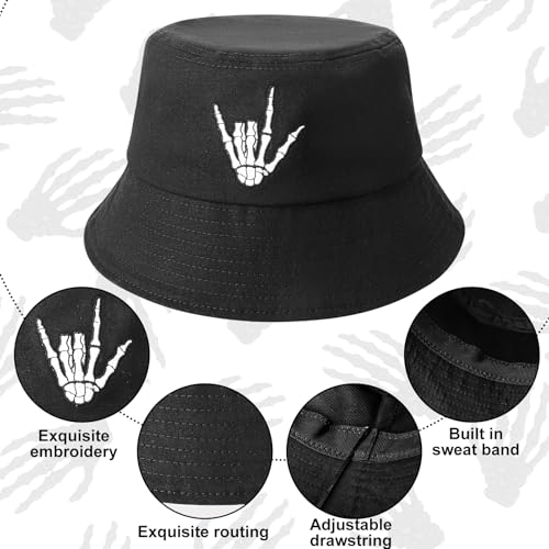 Image of 2 Pack Skull Bucket Hat for Men Women, Cotton Skeleton Hand Fisherman Hat, Foldable Black White Summer Travel Sun Hat