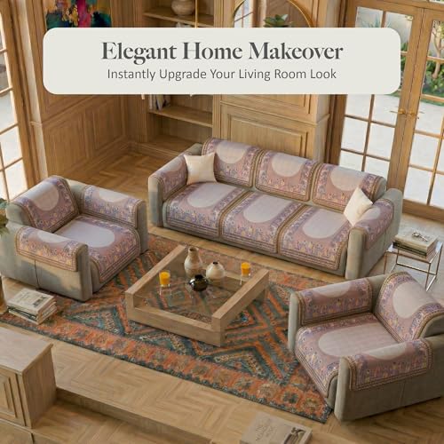 Image of Kuber Industries 5 Seater Sofa with Arm Cover | Slipcover for Living Room | Thick & Cozy | Non-Slip Comfort Sofa Cover Set | Rajasthani Border Malibu 1351 - Brown