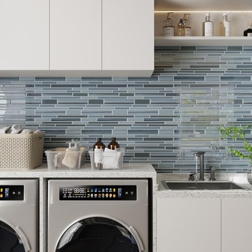 CRETIVE 16 Piezas Azulejos Adhesivos Azul y Gris 30.5cm x 30.5cm 3D Baldosas Adhesivas Pared Impermeable Vinilos Baño Azulejos Adhesivos Cocina Escaleras Losetas Vinilicas Revestimiento Pared Baño