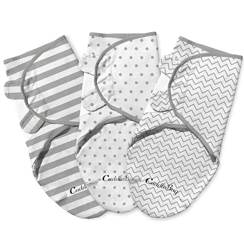 Image of CuddleBug Swaddles for Newborns (3-Pack) - 100% Cotton Velcro Baby Swaddles 0-3 Months, Machine Washable Newborn Sleep Sacks, Snug Baby Swaddle Blanket (Spots & Stripes)