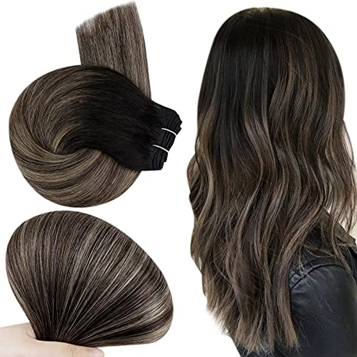 Easyouth Weft Hair Extensions Human Hair Color Off Black Fading to 27 Honey Blonde Mixed Black Sew in Hair Extensions Natural Hair for Women 14 Inch 70g