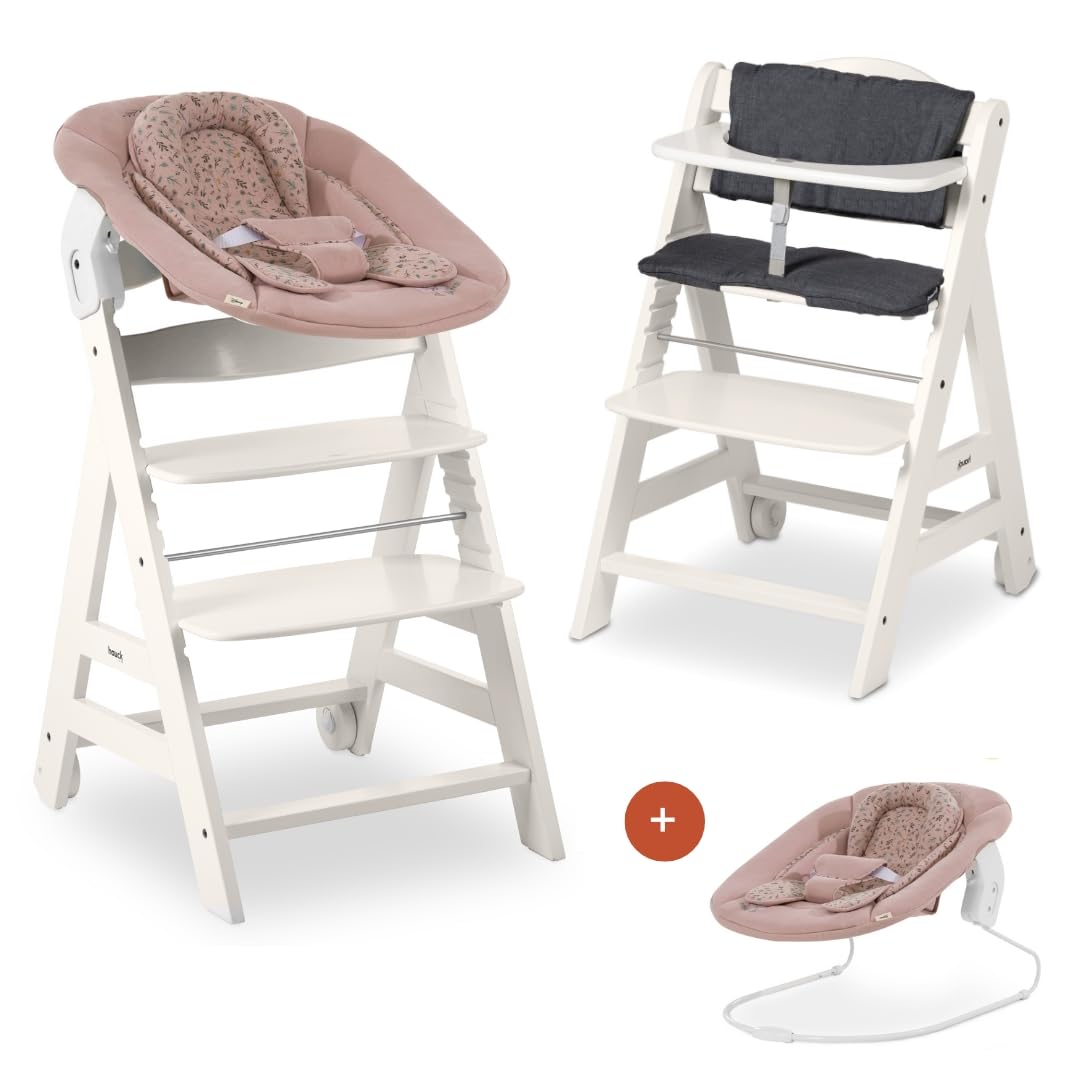 hauck Hochstuhl Beta+ Newborn Set - Babyhochstuhl Set ab Geburt mit 2in1 Neugeborenen Aufsatz Bouncer, Sitzpolster und Essbrett - Weiß | Bambi