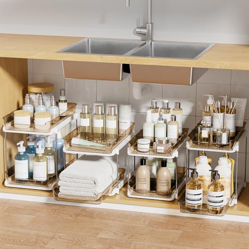 Image of Delamu 2-Tier Multi-Purpose Bathroom Under Sink Organizers and Storage, Stackable Kitchen Pantry Organization, Pull Out Medicine Cabinet Organizer with Movable Dividers, Amber, 4 Pack