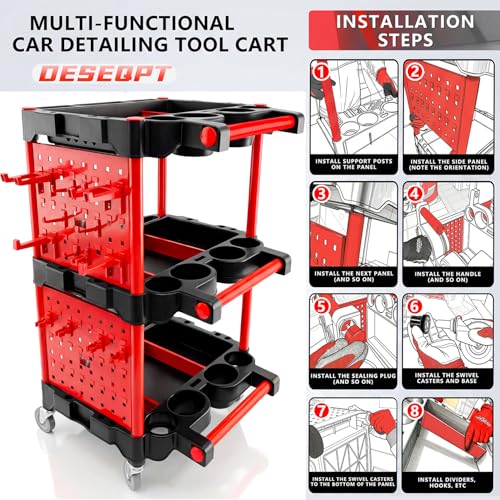 Image of Auto Detailing Cart with Wheels, 3 Tier Rolling Detail Cart with Long Hanging Plate & Hooks & Brush & Towel and Gloves, for Detailers Garage, Workshop, Repair Shop, Storage Tool