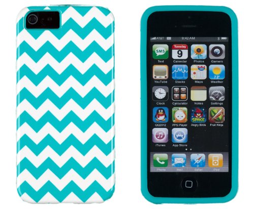 DandyCase 2in1 Hybrid High Impact Hard Aqua & White Chevron Pattern + Silicone Case Case Cover for Apple iPhone 5S & iPhone 5 (not 5C) + DandyCase Screen Cleaner