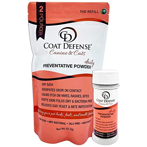 COAT DEFENSE Canine Daily Preventative Powder Refill Bundle - 38 Oz Waterless Dog & Cat Shampoo & Pet Deodorizer, Provides Anti Ich Relief, Dog Shampoo for Dry Itchy Skin & Dog Shampoo for Smelly Dogs