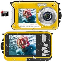 Waterproof Digital Camera Underwater Camera Full HD 2.7K 48 MP Video Recorder Selfie Dual Screens 16X Digital Zoom Flashlight Waterproof Camera for Snorkeling Yellow