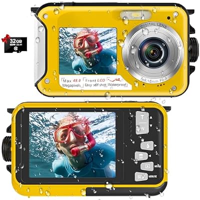 Waterproof Digital Camera Underwater Camera Full HD 2.7K 48 MP Video Recorder Selfie Dual Screens 16X Digital Zoom Flashlight Waterproof Camera for Snorkeling (Yellow)